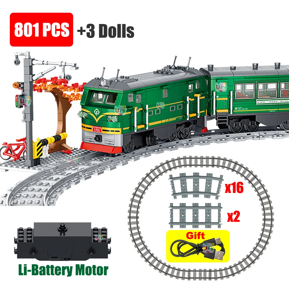 Power Tools Lego - รถไฟไอน้ำสีเขียวสไตล์เรโทร ของเล่นตัวต่อแบบไฟฟ้า รุ่นเมืองจำลอง ใช้แบตเตอรี่ลิเธียมแบบชาร์จได้ เหมาะสำหรับเป็นของขวัญ