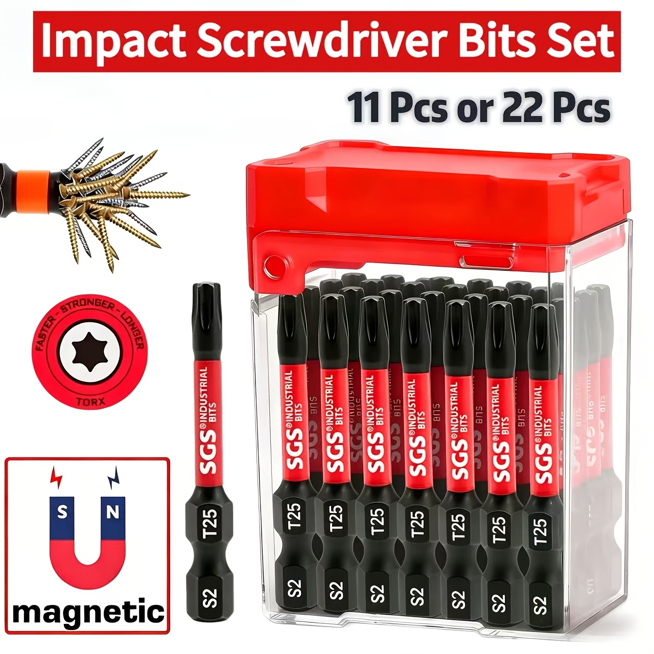 Power Tools In Automotive - ชุดดอกไขควงแม่เหล็ก T25 จำนวน 11/22 ชิ้น, ดอกไขควงเหล็ก